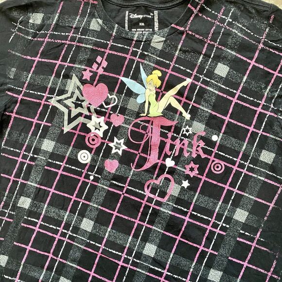 DISNEY STORE TINKERBELLE BLACK PLAID ORGANIC COTTON GLITTER T-SHIRT - SIZE XXL - Picture 5 of 7